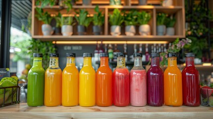A juice bar offering a variety of freshly pressed fruit juices and smoothies, displayed in vibrant glass bottles and ready for customers to enjoy on the go.