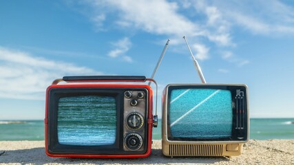 televisions with glitch next to the sea - 801279526