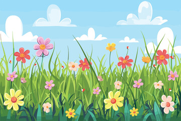 Obraz premium Spring grass and flowers, Beautiful green grass and white flowers, Green summer scene with flowers, Natural green grass with flowers, Vector illustration