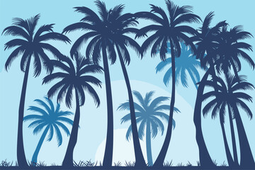 Palm trees on the beach, Tropical summer background, Tropical palm tree silhouettes on blue background, Vector illustration