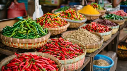 Fototapeta premium A market stall displaying various types of Thai chili peppers and peppercorns, showcasing the diversity of flavors in Thai cooking.