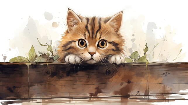 A cute cat peeking over a fence, watercolor