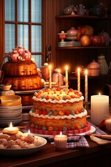 A beautifully decorated birthday cake sits on a table.