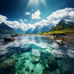 The crystal clear water of a mountain lake with a beautiful landscape of snow-capped mountains and green hills