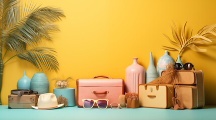 Summer Stuffs on Yellow and Light Blue Background