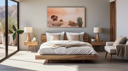 Desert landscape painting above wooden bed with white bedding and two wooden nightstands with lamps and plants