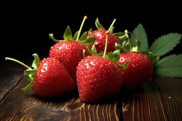 Ripe red strawberries on a wooden table