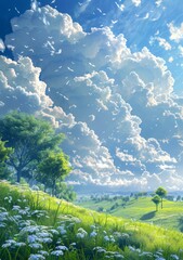 Green rolling hills and blue sky with white clouds