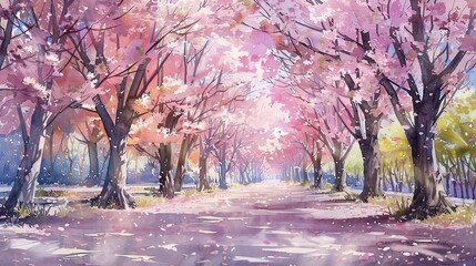 cherry blossom avenue in the park featuring a variety of trees, including a pink tree, a brown tree