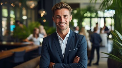 Confident businessman standing with arms crossed in a modern office - Powered by Adobe