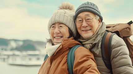 Joyful senior couple warmly dressed for an outdoor adventure, sharing a happy moment.