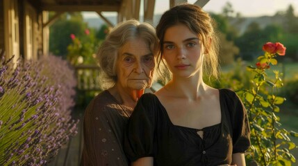 Obraz premium Portrait of a grandmother and granddaughter standing together in a lavender field