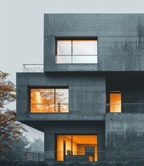 A concrete building with large windows