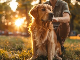 A man petting a golden retriever in the park