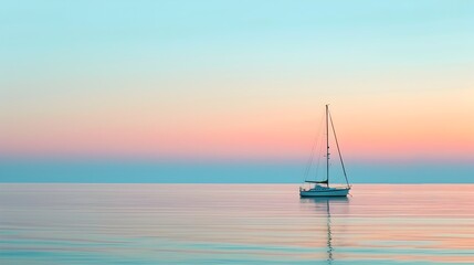 Serene Seascape with Lone Sailboat at Sunrise Reflecting Pastel Skies