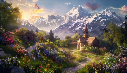 the village surrounded by lush greenery, with towering snowcapped mountains in the background. The sun shines brightly on an idyllic landscape filled with blooming flowers and charming cottages