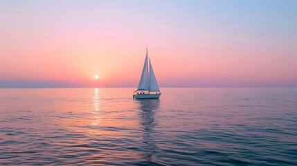 Serene Sunrise Sailing Adventure on Calm Pastel-Hued Ocean Seascape