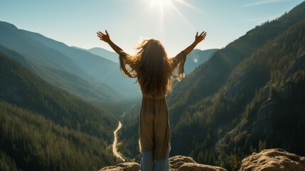 woman standing on a cliff with her arms outstretched enjoying the view of a valley