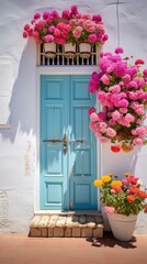Blue door with pink flowers