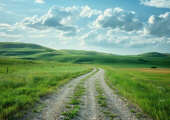 A dirt road winds through a lush green prairie landscape