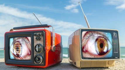 televisions with beautiful female eye on the screen next to the sea - 801281381