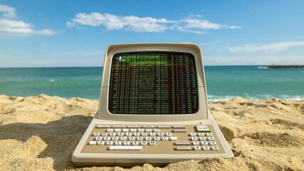 computer on a beach with data and code on screen - 801281726