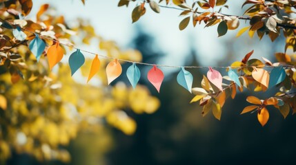 Colorful paper leaves hanging on a string with blurred background