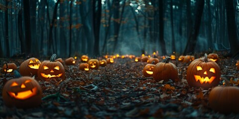 Spooky Halloween pumpkins in a dark forest