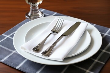 A place setting with a fork, knife, napkin, and wine glass