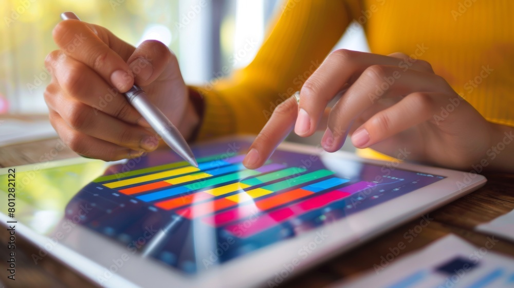 Leinwandbilder A person analyzing a bar graph on a tablet, interpreting trends and making informed decisions based on data insights.