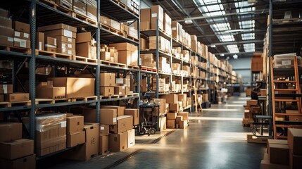 Obraz premium Warehouse with cardboard boxes on shelves