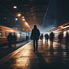 Man walking alone in a crowded train station at night