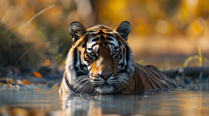 Obraz premium A tiger is taking a bath in a river
