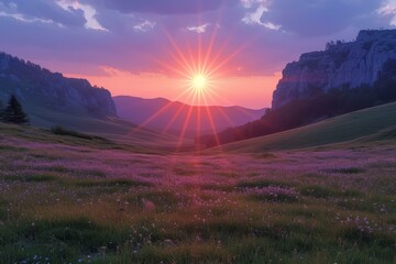 Purple flower field in mountainous valley at sunset