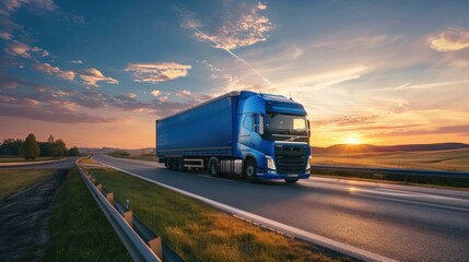 A blue truck drives along an asphalt road in a rural landscape.