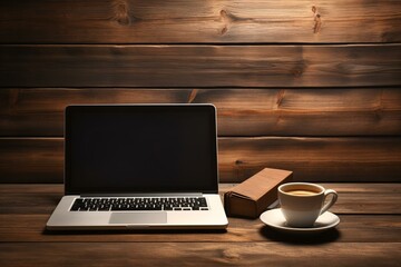 Fototapeta premium Laptop and coffee cup on wooden table