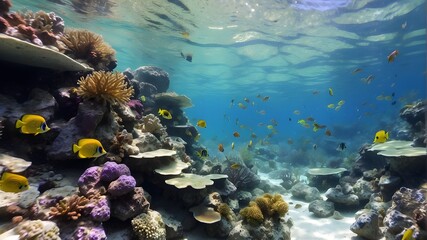 Underwater fish on coral reefs in the tropical sea. Snorkeling amid the vivid aquatic landscape and species of the aquarium oceanarium