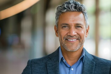 Fototapeta premium Headshot close up portrait of indian or latin confident mature good looking middle age leader, ceo male businessman on blur office background. Handsome hispanic senior business man smiling at camera.