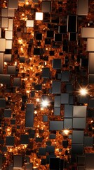 Abstract 3D illustration of glowing golden cubes with spotlights