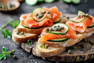 Sandwiches with salmon, cucumber and capers