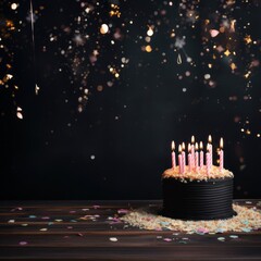 Black background with birthday cake with candles pastel backdrop empty blank copyspace for design text photo website web banner backdrop texture 