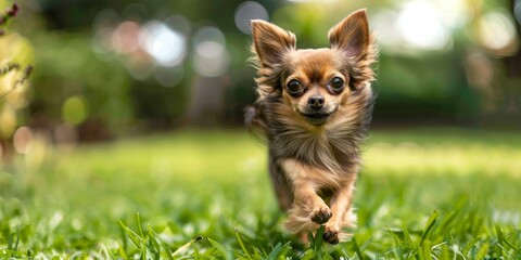 A cute brown long-haired chihuahua is running on the grass