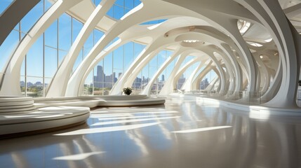 Futuristic cityscapes with large glass windows and curved architecture