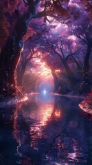 fantasy forest path with a glowing portal at the end