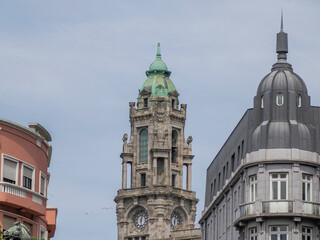 Fototapeta premium Renaissance building with tower in Avenida dos Aliados Porto old town street view building, portugal