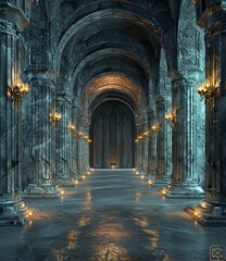 Dark fantasy corridor with candles
