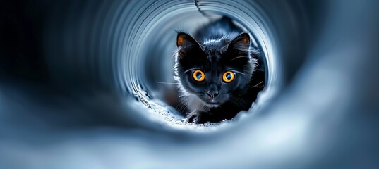 Futuristic tunnel setting  black cat with yellow eyes, dark background, copy space