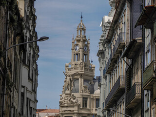 Renaissance building with tower in Avenida dos Aliados Porto old town street view building, portugal