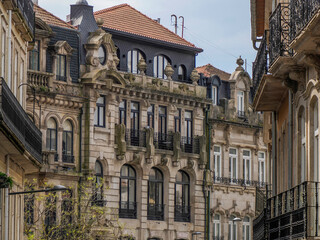 Fototapeta premium Renaissance building with tower in Avenida dos Aliados Porto old town street view building, portugal