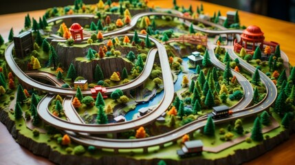 A model train set with a town and trees